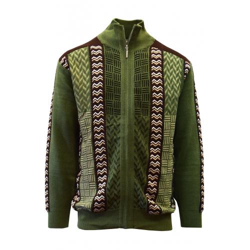 Silversilk Moss Green / Brown / Cream / Beige Striped Design Zip-Up Sweater 5214